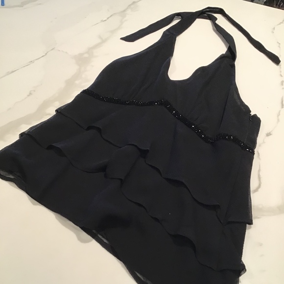 Kenneth Cole Black halter tank with black accent beading and ruffles - Picture 3 of 5